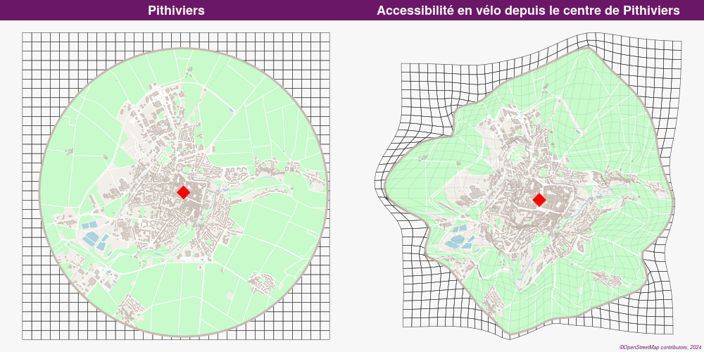 Example of distance cartogram (Accessibility by bike from the center of Pithiviers)