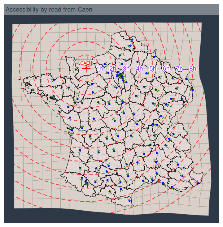 Example of distance cartogram (Accessibility by car from Caen)